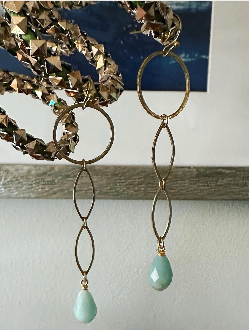 Brass plated Drop Earrings with Amazonite Gemstone 3”